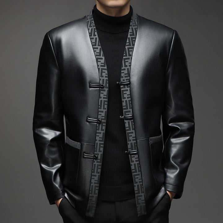 Men's Faux Leather Cardigan Jacket with KnMune Fashion Fastenings and Contrasting Shawl Collar Mune Fashion