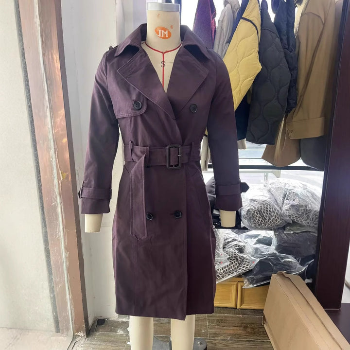 Women nan tailored trench coat with double-breasted button placket, tie belt and shoulder patches Mune Fashion