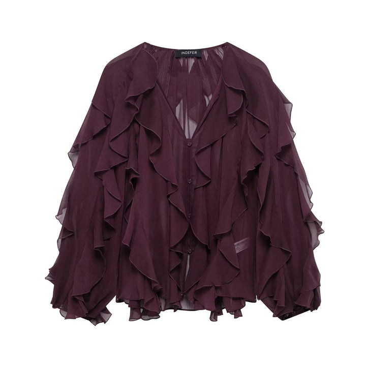 Women Chiffon Blouse with multiple ruffle frills and button placket Mune Fashion