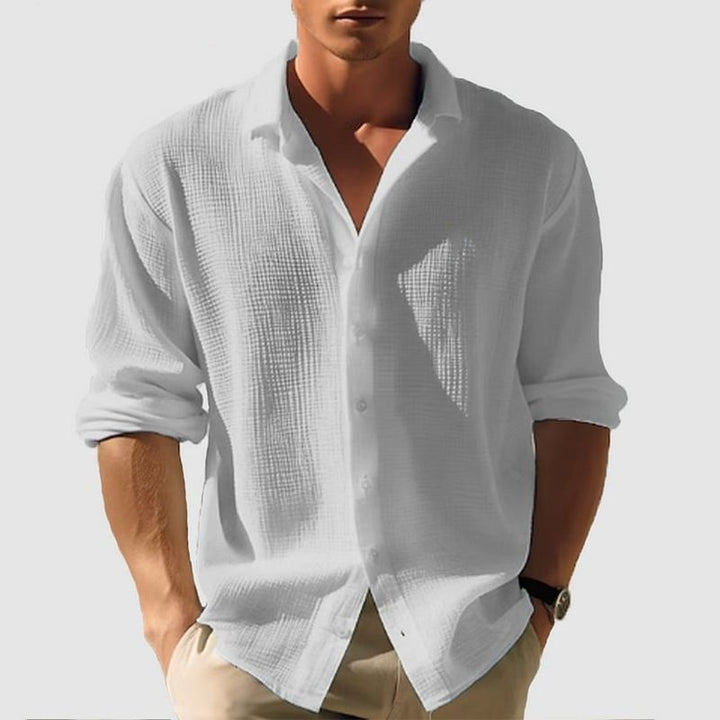 Men's Casual Textured Linen Shirt with Open Collar and Rolled Sleeves Mune Fashion