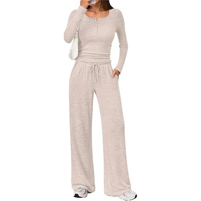 Women's Two-Piece Fine Knit Lounge Set with Henley Top and Palazzo Pants Mune Fashion