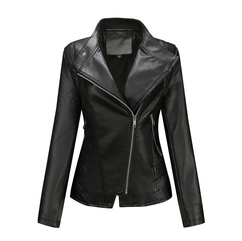 Women fitted biker jacket made of faux leather with asymmetrical zipper and fitted cut Mune Fashion