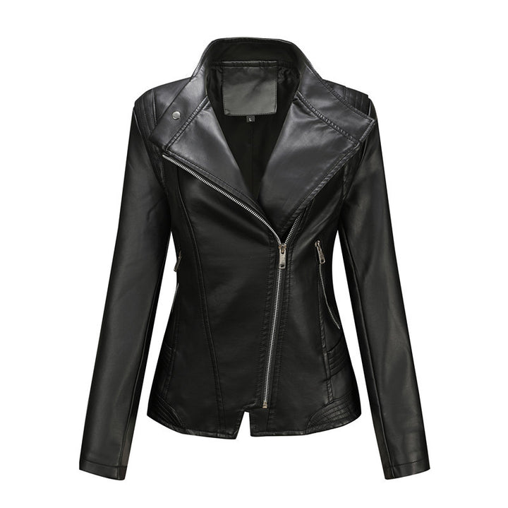 Women fitted biker jacket made of faux leather with asymmetrical zipper and fitted cut Mune Fashion