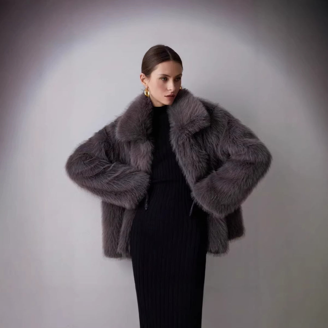 Ladies Short Boxy Faux Fur Jacket with Extra Soft High Pile and Voluminous Shawl Collar Mune Fashion