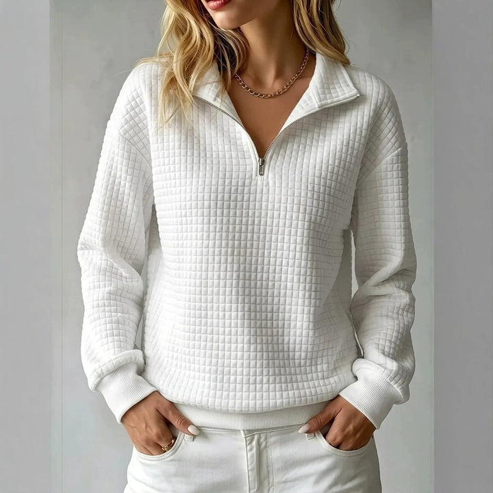 Women's Quilted Fleece Pullover with Half Zipper and Stand-Up Collar Mune Fashion