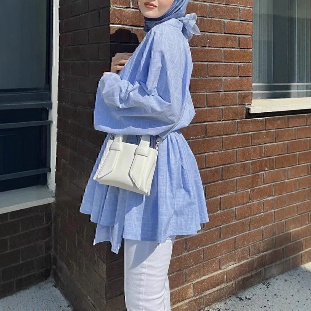 Women's kimono wrap dress in linen look with wide skirt and tie belt Mune Fashion