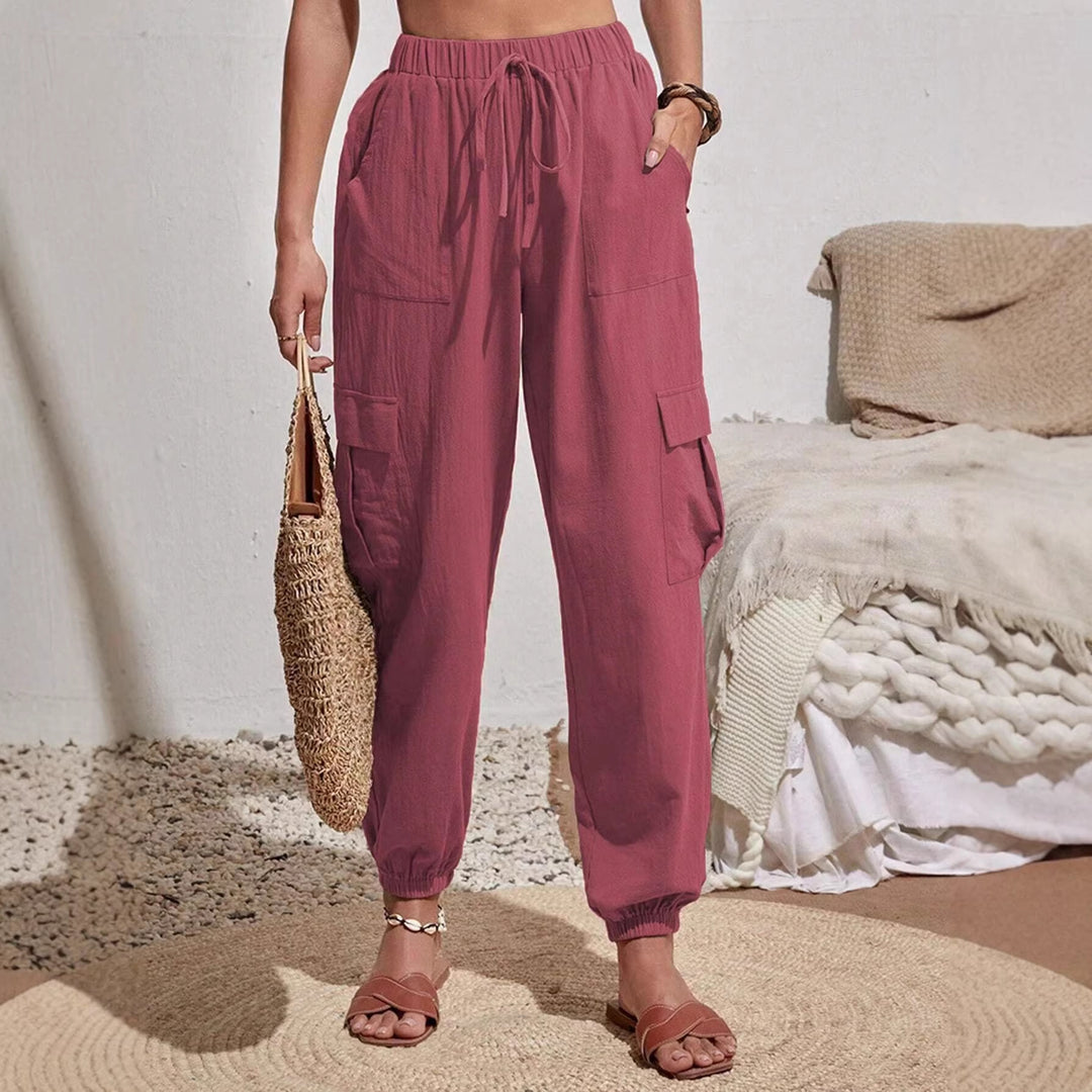 Women Cargo Jogging Pants with Elastic Waistband, Drawstring and Patch Pockets Mune Fashion