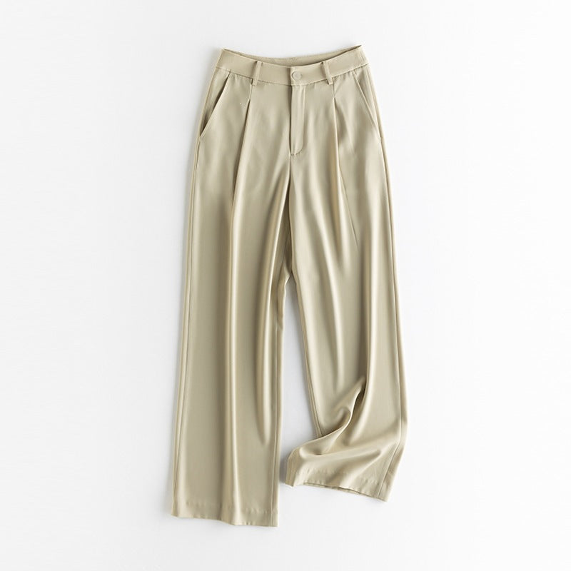 Women Wide High-Waisted Satin Pants with Pleats and Side Pockets Mune Fashion