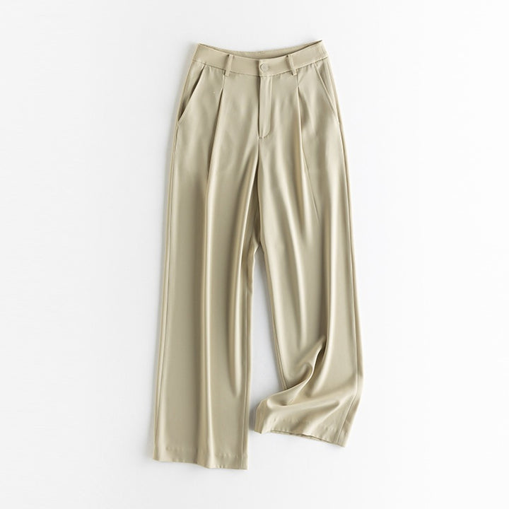 Women Wide High-Waisted Satin Pants with Pleats and Side Pockets Mune Fashion