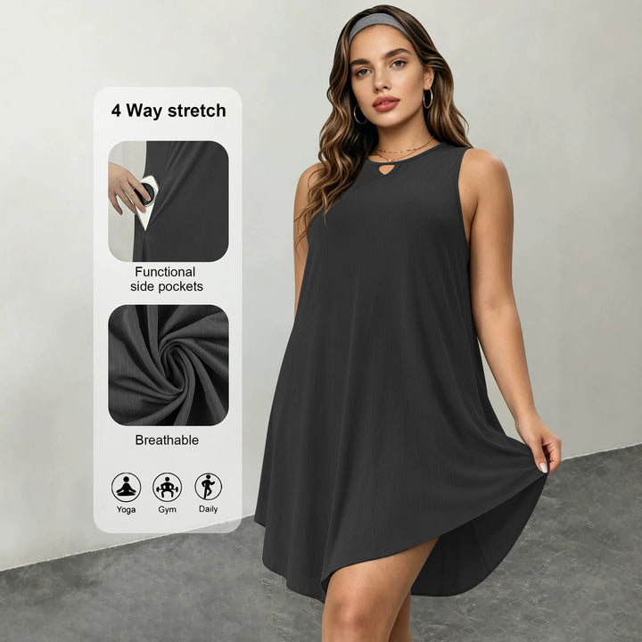 Women Sleeveless A-Line Midi Dress with Side Pockets and V-Neck Mune Fashion