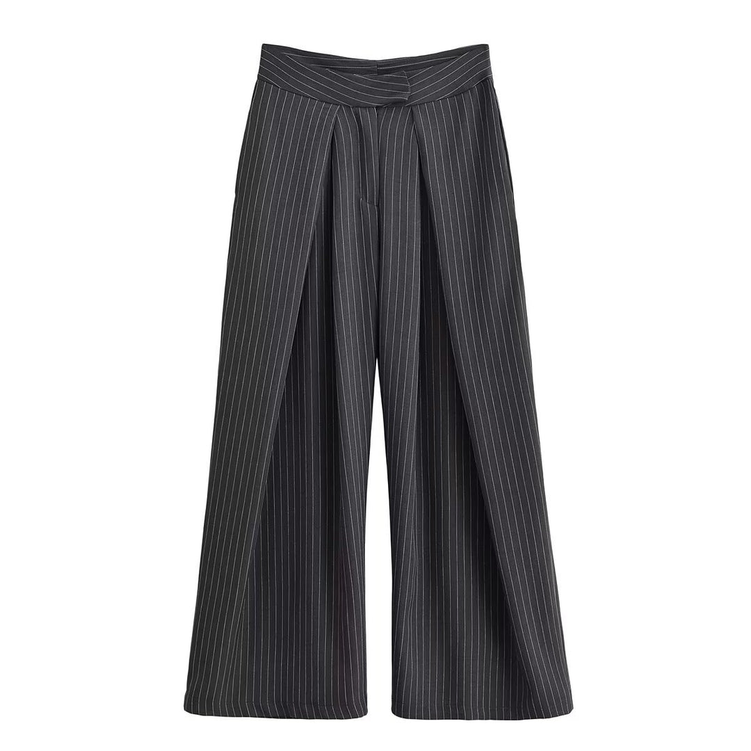 Women's palazzo pants with pinstripes, front segmented pleats, and high waistband Mune Fashion