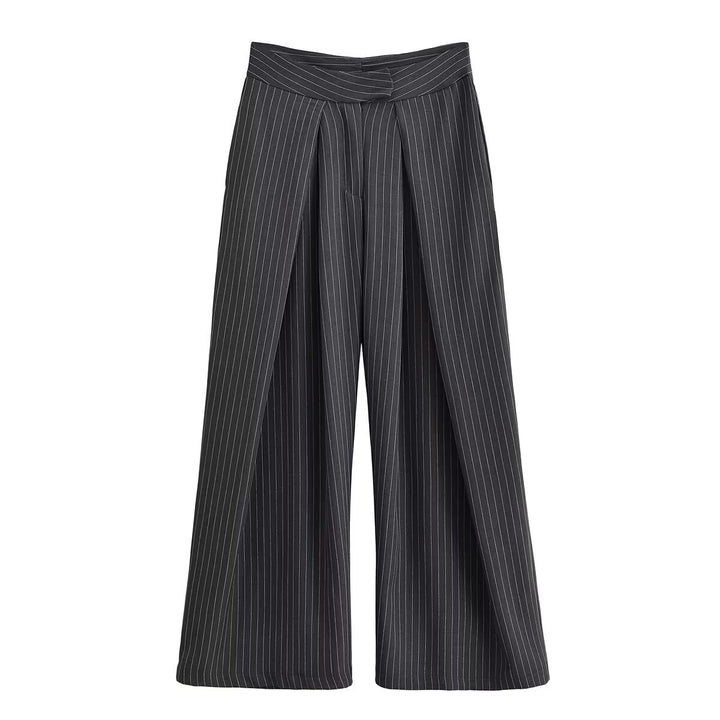 Women's palazzo pants with pinstripes, front segmented pleats, and high waistband Mune Fashion