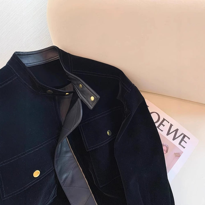 Ladies Stylish Velvety Transitional Jacket with Leather Accents Mune Fashion