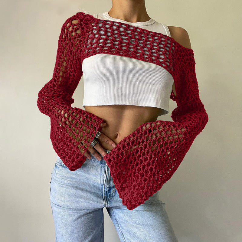 Women's Crocheted Long Sleeve Top with Off-Shoulder Design Mune Fashion