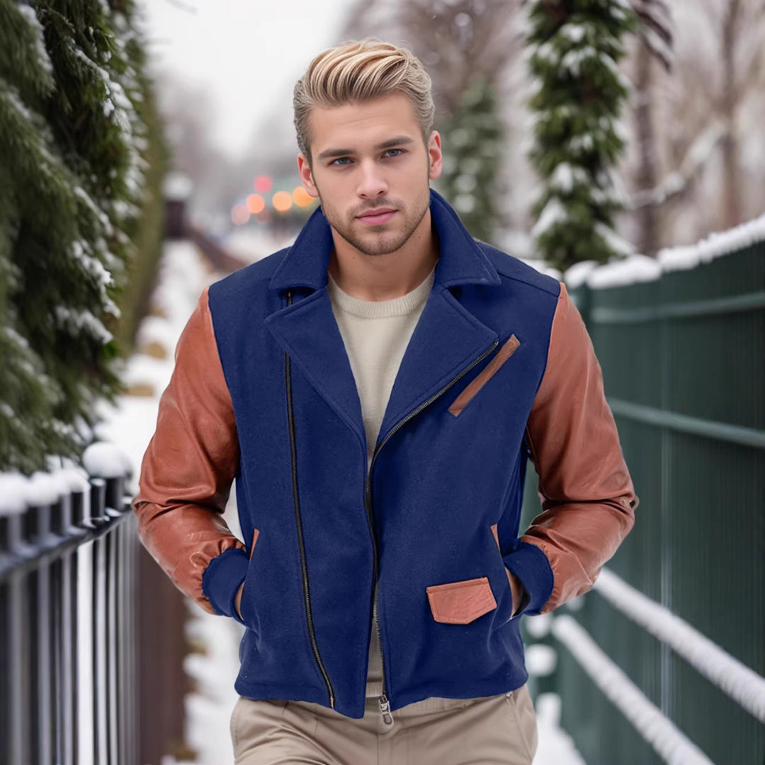 Men's short jacket in aviator style with contrast sleeves and asymmetric zipper Mune Fashion