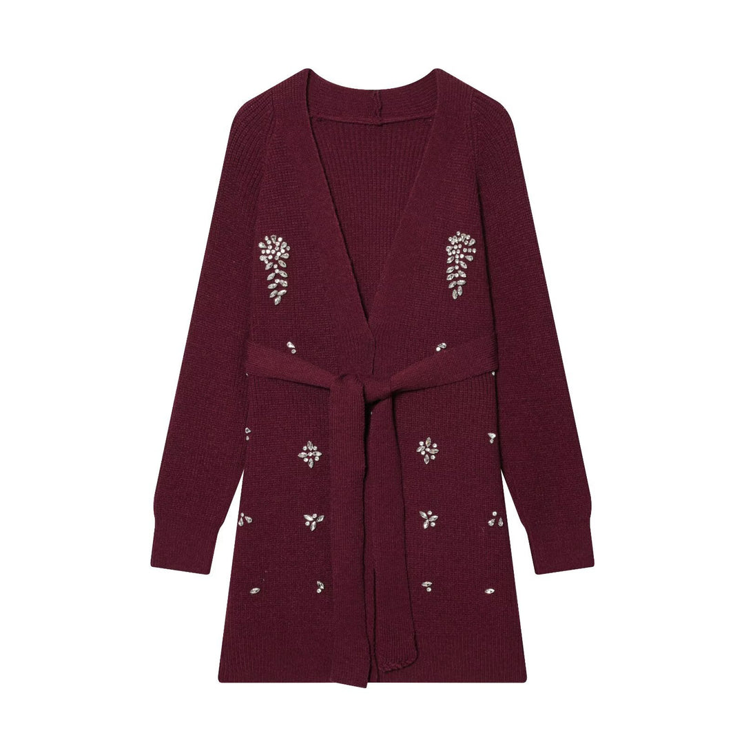 Women's Long Cardigan with Tie Belt and Gemstone Application Mune Fashion