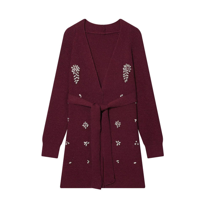 Women's Long Cardigan with Tie Belt and Gemstone Application Mune Fashion