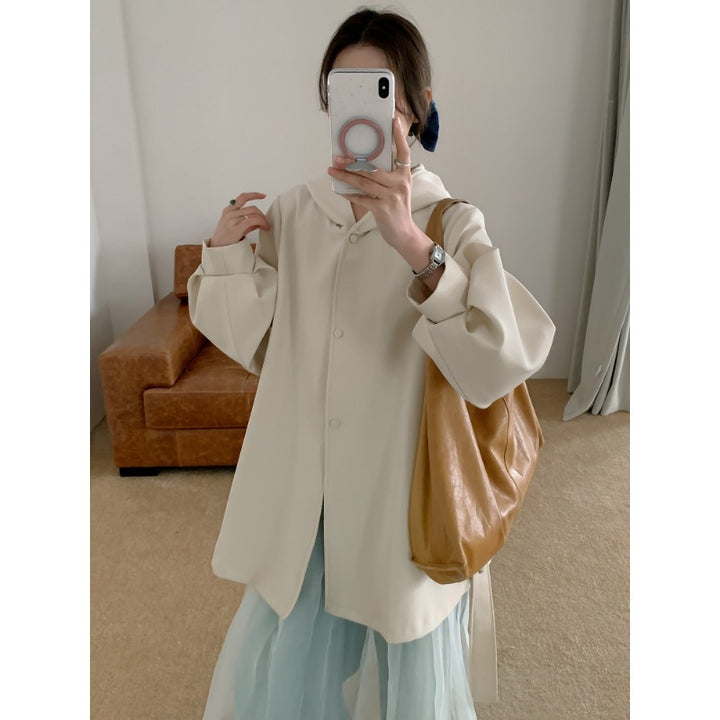 Women's Oversize Midi Coat with Hood, Concealed Button Placket and Voluminous Sleeves Mune Fashion