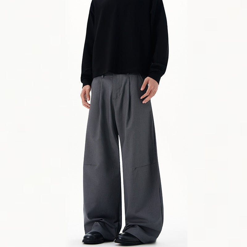 Men's Ultra Wide Pleated Trousers with Low Crotch and Flowing Twill Quality Mune Fashion
