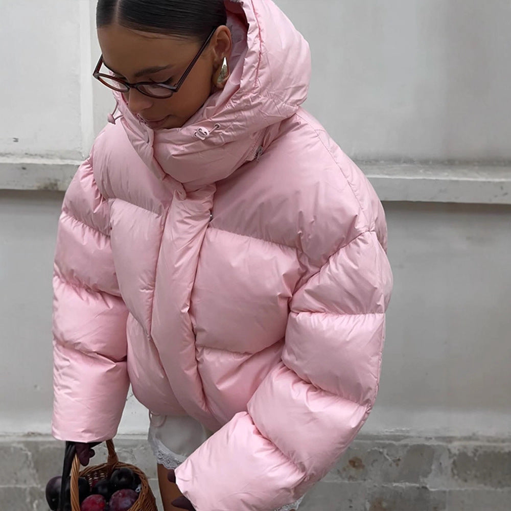 Women's short oversized quilted down jacket with hood and high stand-up collar Mune Fashion