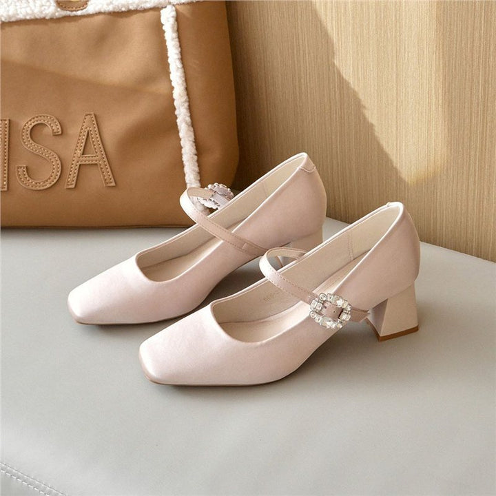 Women's Square Mary-Jane Pumps with Strap, Mid-High Block Heel and Crystal Buckle Mune Fashion