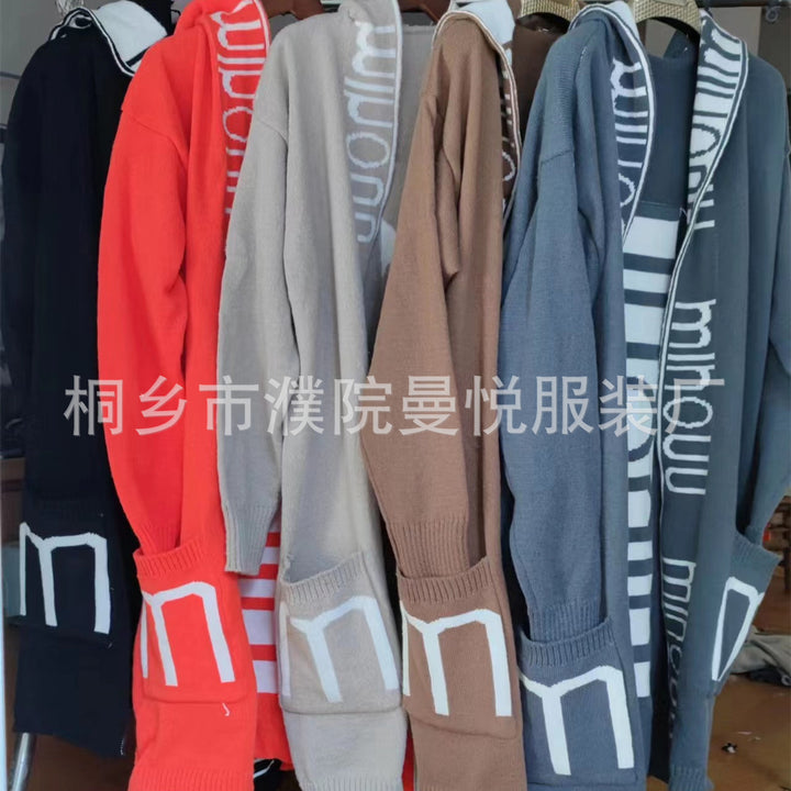Women’s Oversized Knitted Hoodie Cardigan with Logo Border Mune Fashion