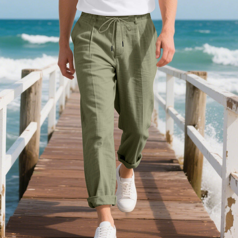 Men's beach-suitable linen blend lounge pants with elastic drawstring, subtle pleat, and rolled ankle hem Mune Fashion