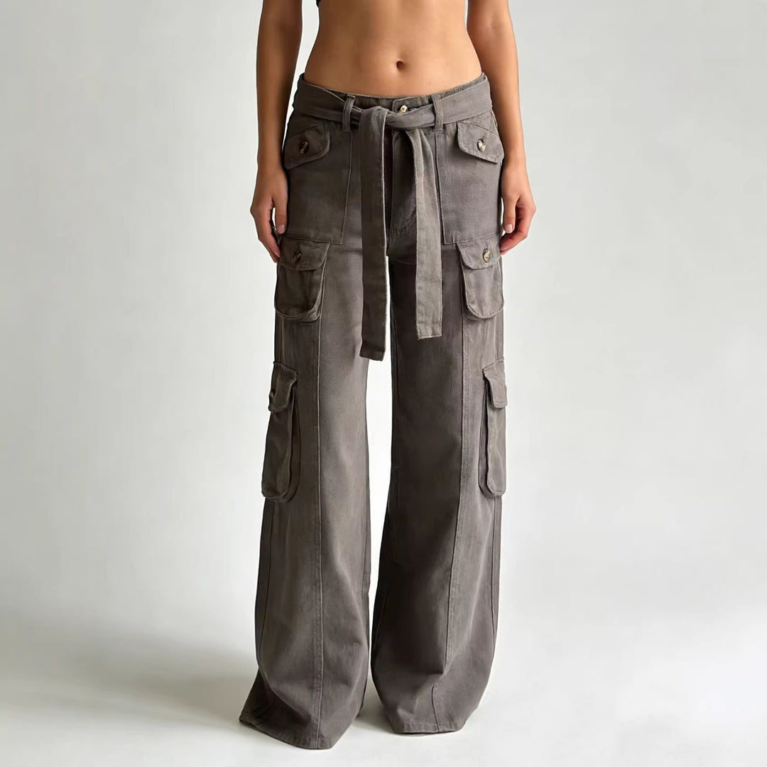 Women's loose cargo trousers with high waist, tie belt and multiple flap pockets Mune Fashion