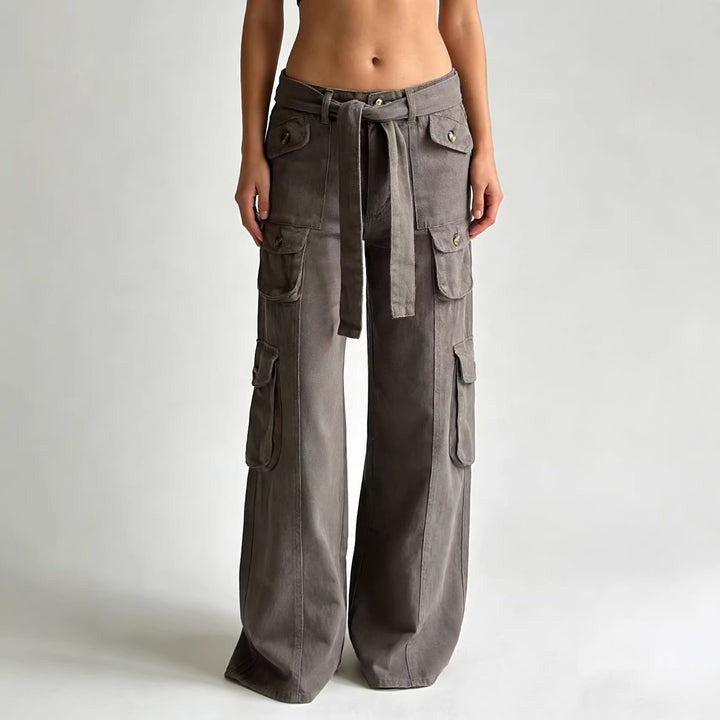 Women's loose cargo trousers with high waist, tie belt and multiple flap pockets Mune Fashion
