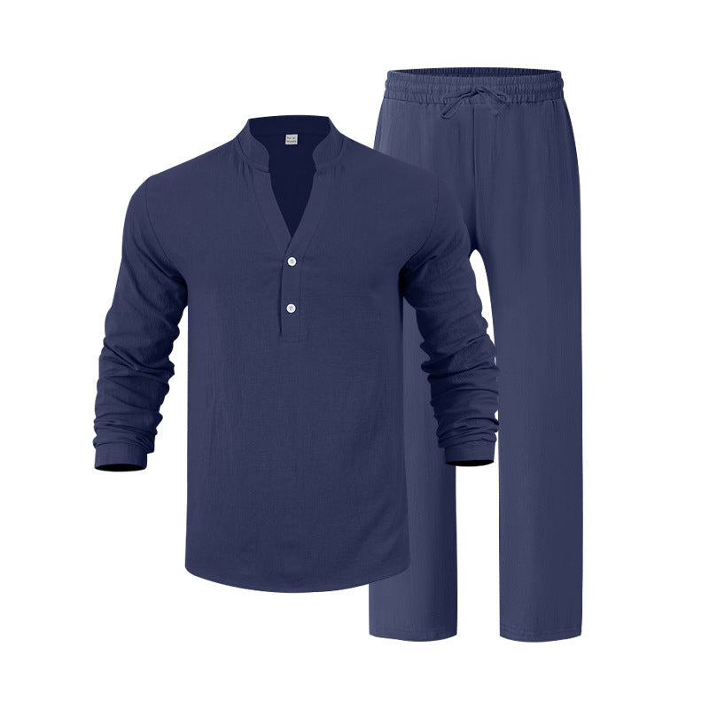 Men's nan casual Henley set in lightweight linen look with stand-up collar and elastic drawstring pants Mune Fashion