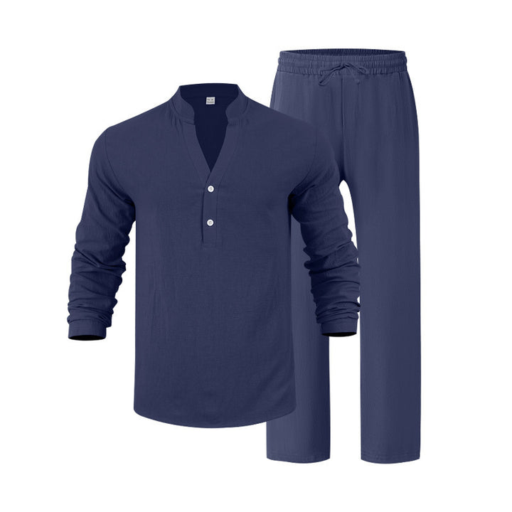 Men's nan casual Henley set in lightweight linen look with stand-up collar and elastic drawstring pants Mune Fashion