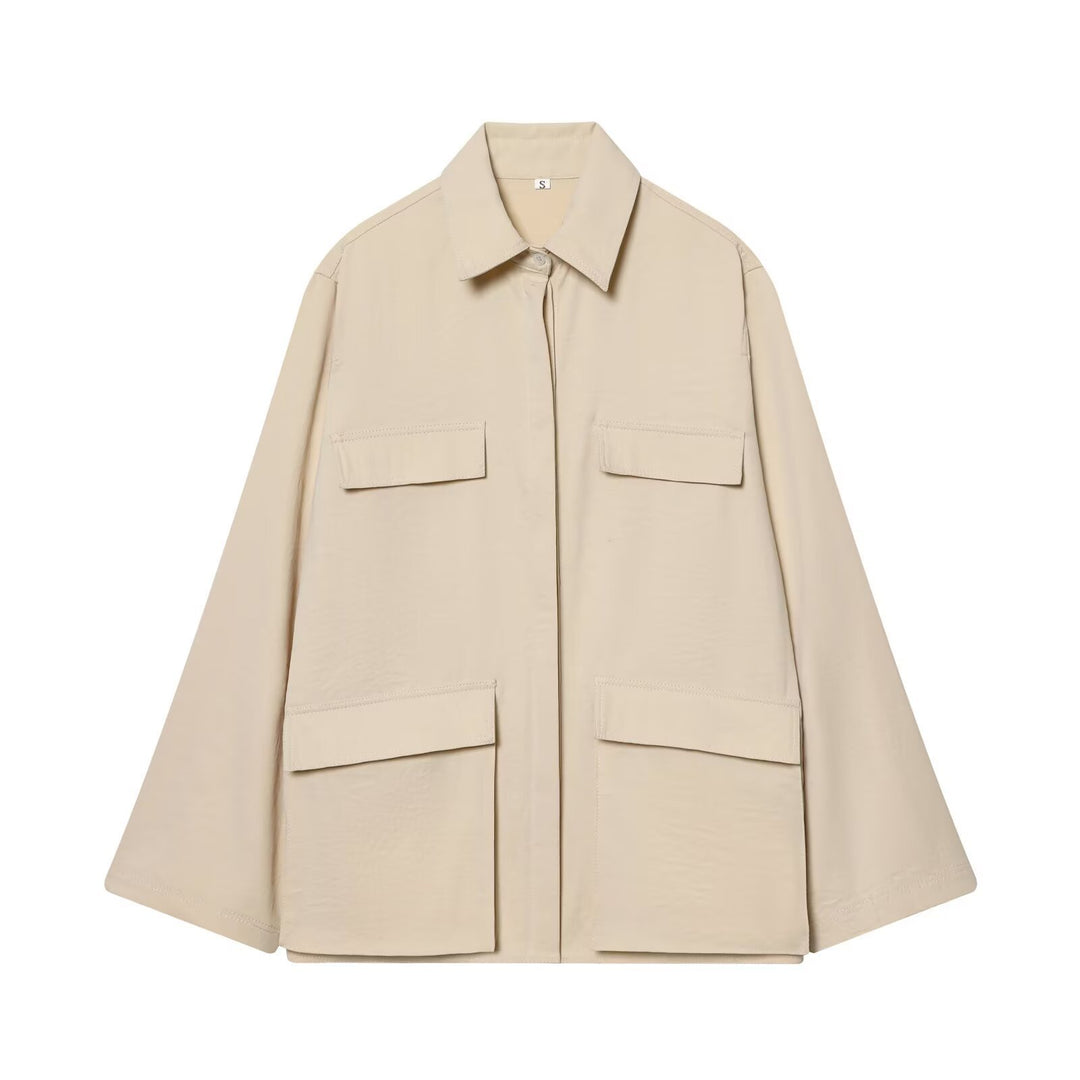 Women's Oversize Field Jacket in Boxy Cut with Four Flap Pockets and Concealed Snap Placket Mune Fashion