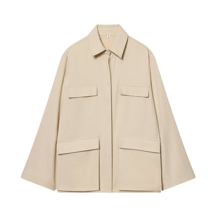 Women's Oversize Field Jacket in Boxy Cut with Four Flap Pockets and Concealed Snap Placket Mune Fashion