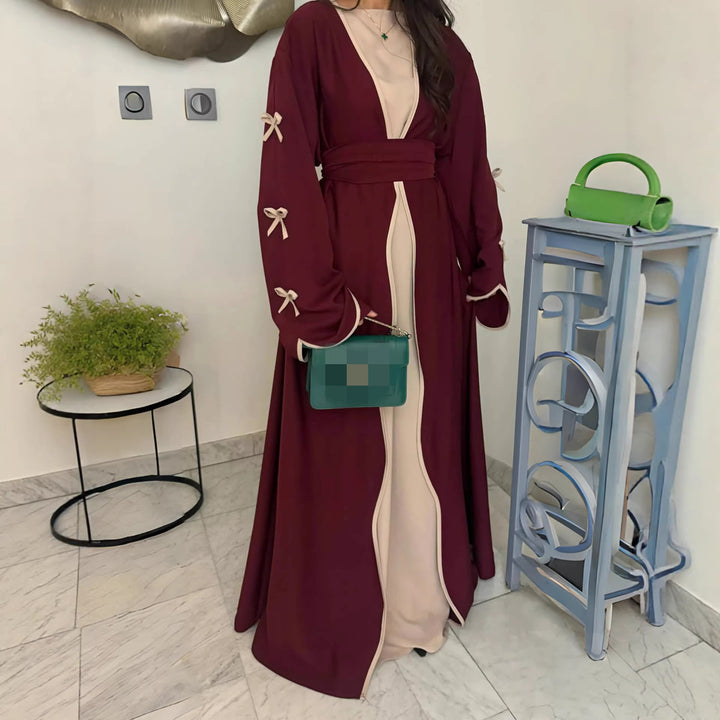 Women's elegant Abaya-Kaftan with wide trumpet sleeves, contrasting yoke and wrap belt Mune Fashion