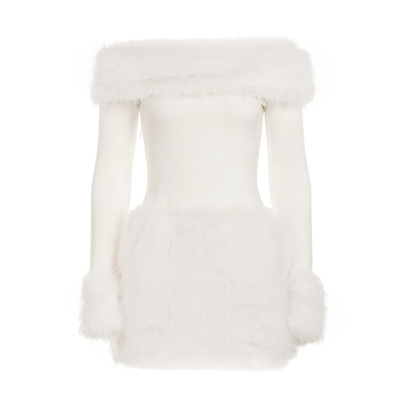 Women's figure-hugging off-shoulder mini dress with long sleeves and luxurious faux fur trim Mune Fashion