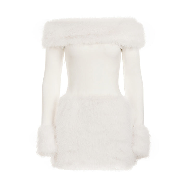 Women's figure-hugging off-shoulder mini dress with long sleeves and luxurious faux fur trim Mune Fashion