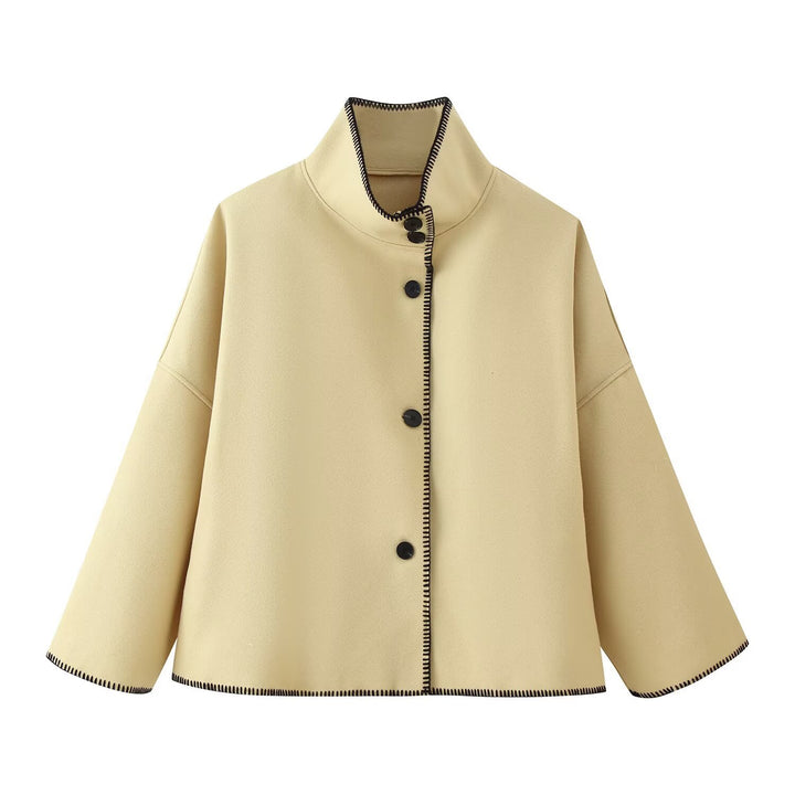 Women's Short Boxy Coat-Cape with Standing Collar and Contrast Decorative Stitch Mune Fashion
