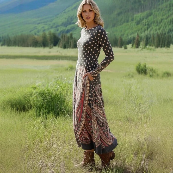Ladies Elegant Maxi Dress with Dots and Paisley Pattern Mune Fashion