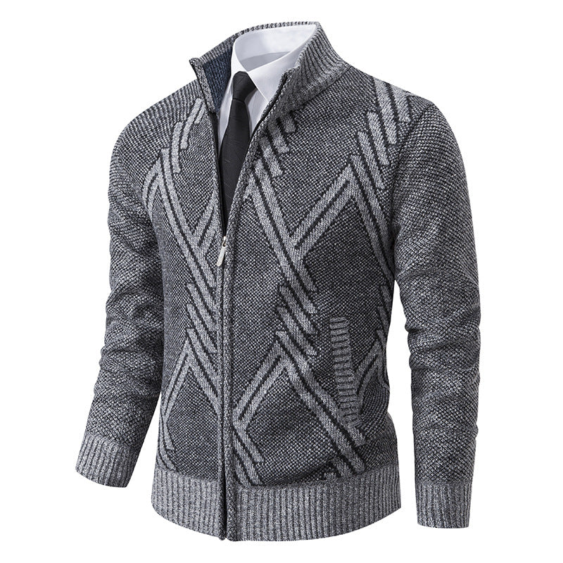 Men's Chunky Knit Zip Cardigan with Stand-Up Collar and Geometric Structure Pattern Mune Fashion