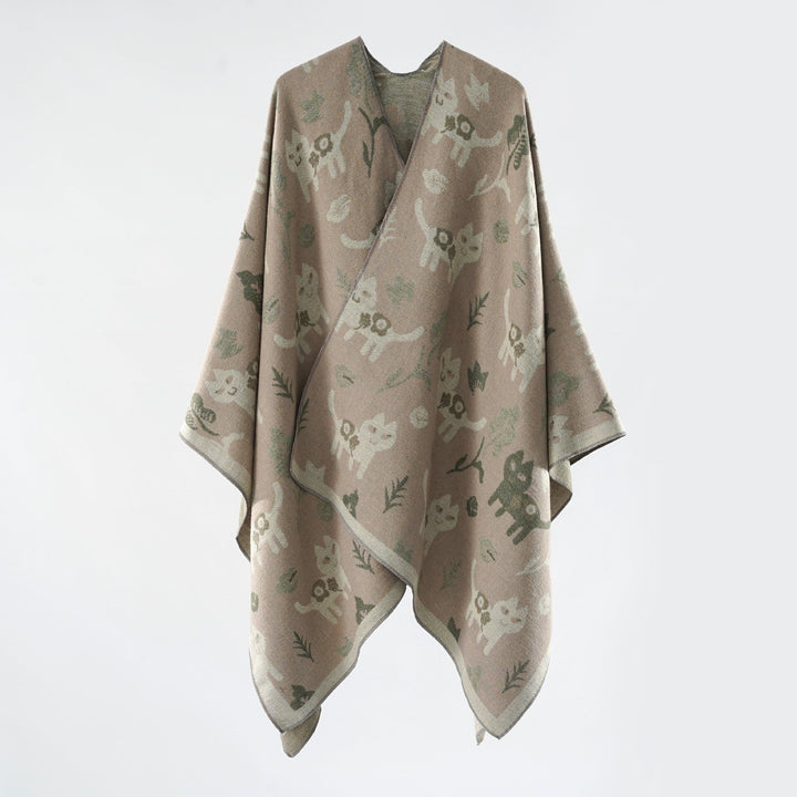 Ladies Oversized Ruana in Jacquard with Cat & Flower Motif Mune Fashion