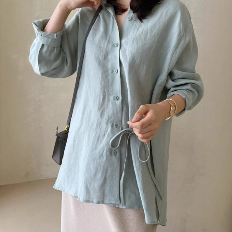 Women loose-fitting linen shirt blouse with stand-up collar, drawstring waist and full button placket Mune Fashion