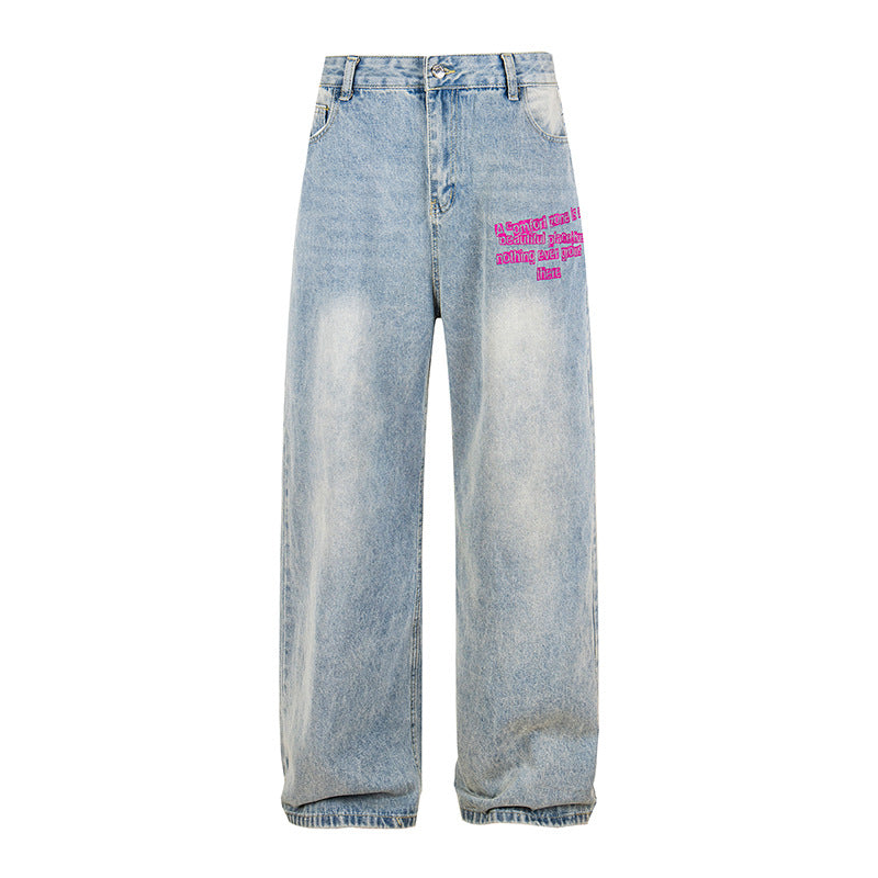 Ladies Wide High-Waist Jeans in Vintage Look with Elastic Hem and Statement Embroidery Mune Fashion