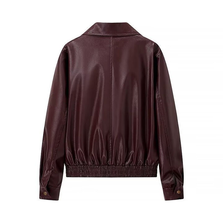 Women's Glossy Faux Leather Blouson Jacket with Zip and Elastic Hem Mune Fashion