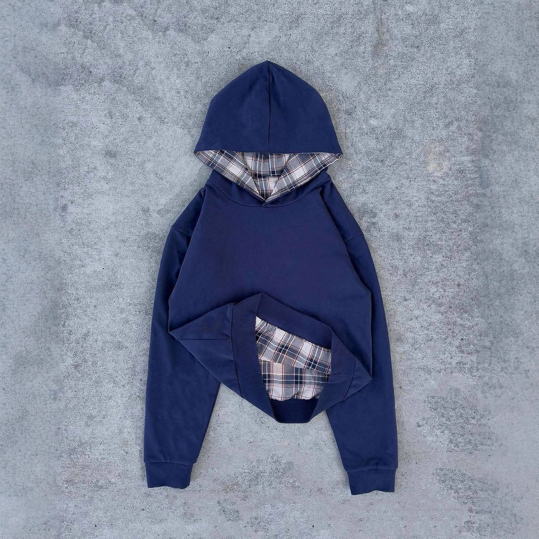 Ladies short-cut hoodie with checkered flannel lining and kangaroo pocket Mune Fashion