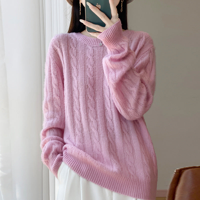 Women's Plus Size Cable Knit Sweater in Mohair Look with Ribbed Hem Mune Fashion