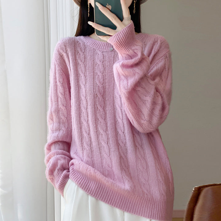 Women's Plus Size Cable Knit Sweater in Mohair Look with Ribbed Hem Mune Fashion