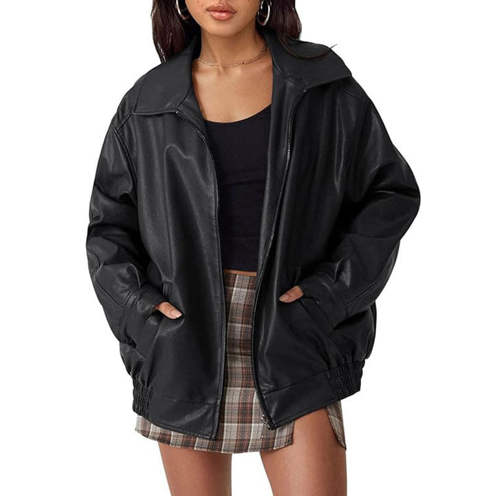 Women Oversize Faux Leather Blouson with Zipper and Elastic Hem Mune Fashion