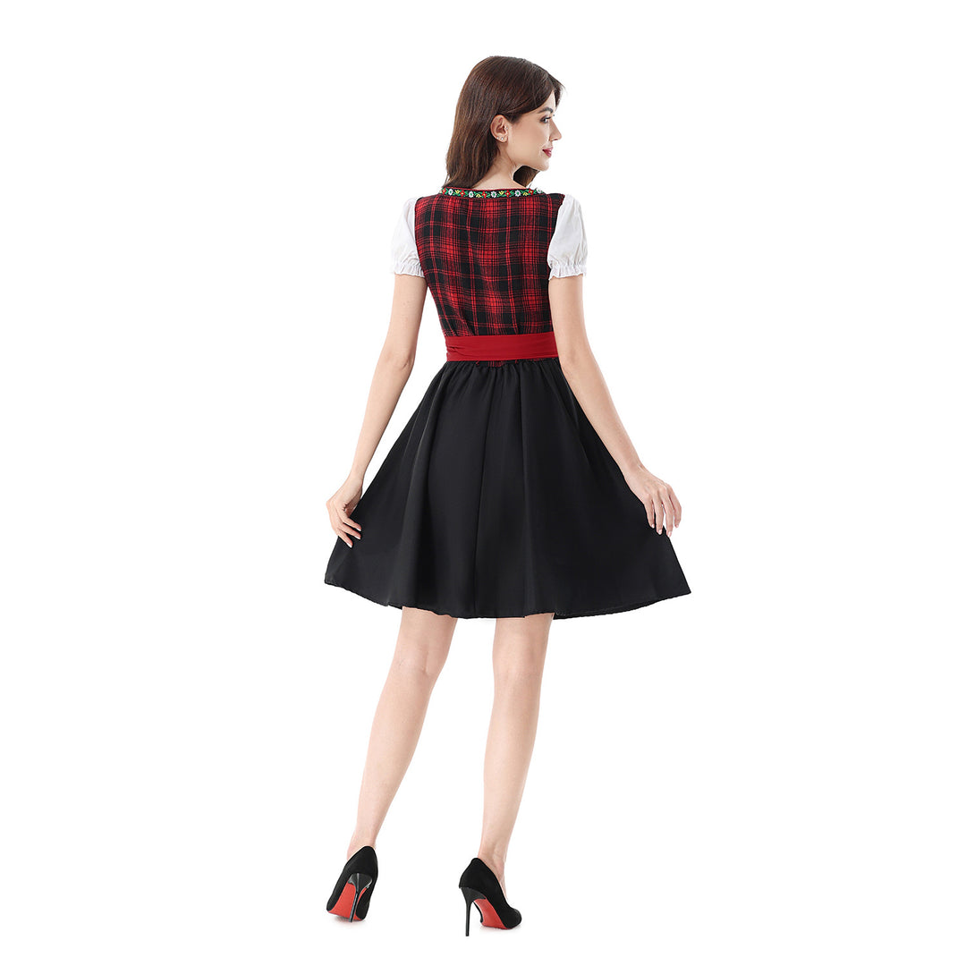 Ladies traditional Dirndl dress with checked bodice, lacing, puff sleeves, and apron Mune Fashion
