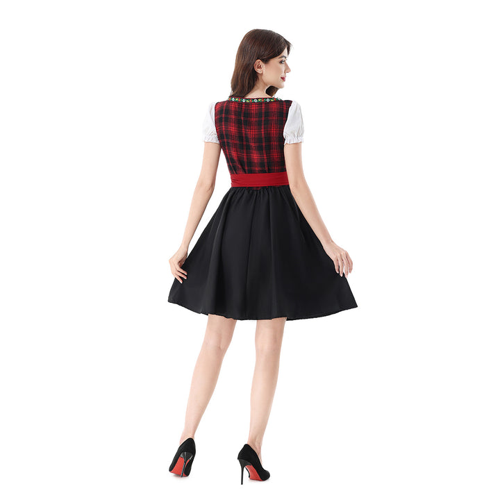 Ladies traditional Dirndl dress with checked bodice, lacing, puff sleeves, and apron Mune Fashion