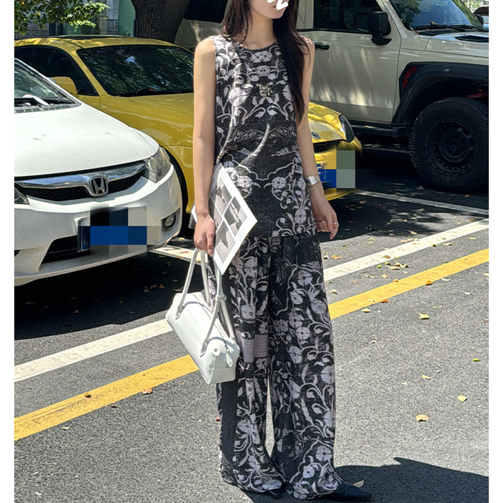 Women's Wide Linen Blend Pants with Elastic Waistband, Palazzo Cut and Ornamental Print Mune Fashion